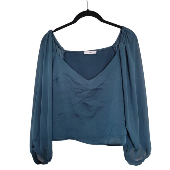 Zuiki Italy Teal Blouse Sheer Sleeves Low V Neck Top Women's Size Medium - Picture 1 of 6
